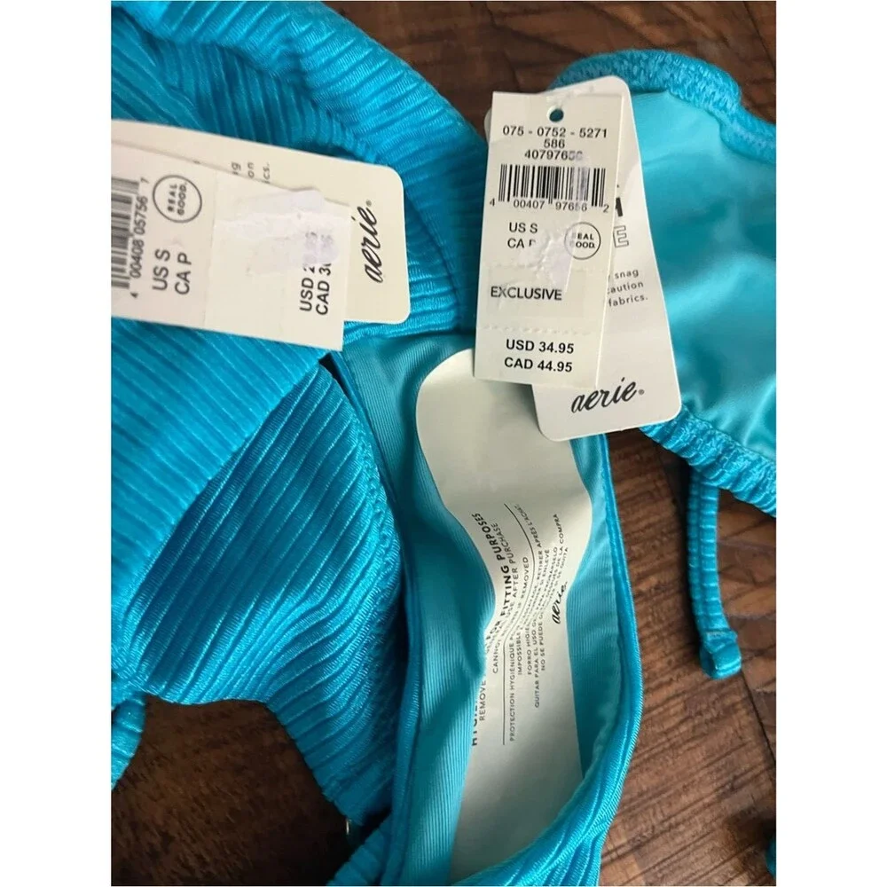 NWT Aerie FULL SET Shine Rib String Triangle Top + Cheekiest Tie Bottom Blue - S - Picture 4 of 4
